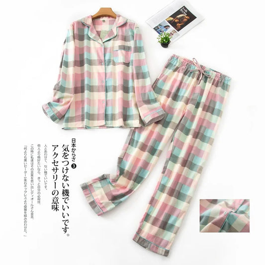 Fashion Plaid Winter 100% brushed cotton pajamas set women sleepwear