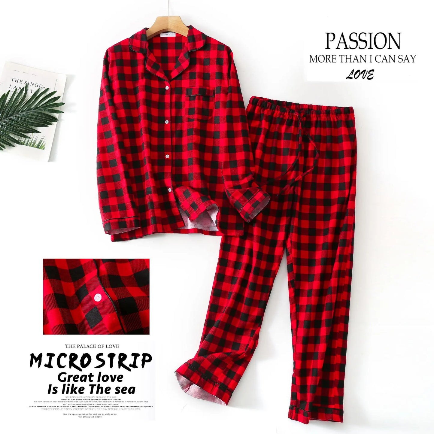 Fashion Plaid Winter 100% brushed cotton pajamas set women sleepwear