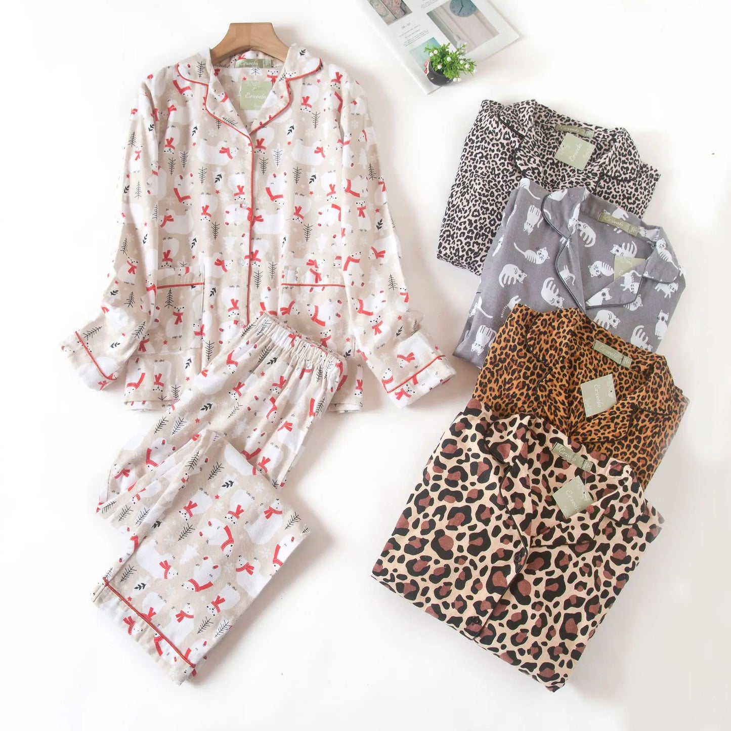 Fashion Plaid Winter 100% brushed cotton pajamas set women sleepwear